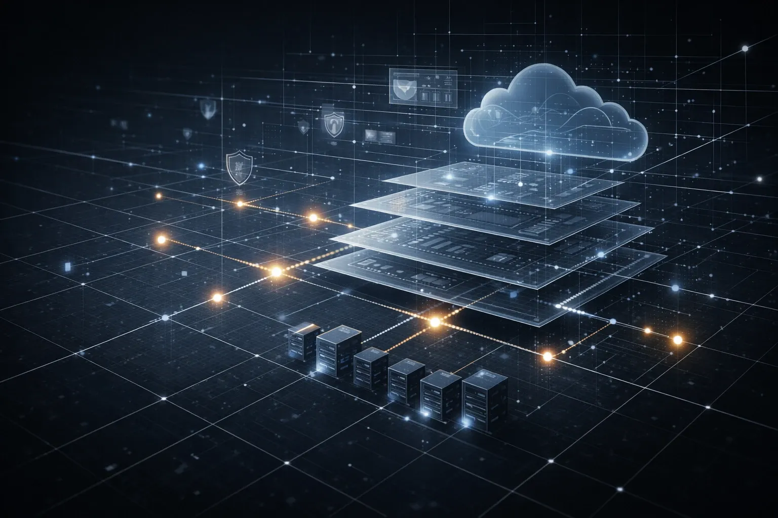 Illustration of a cloud above layered serverless services