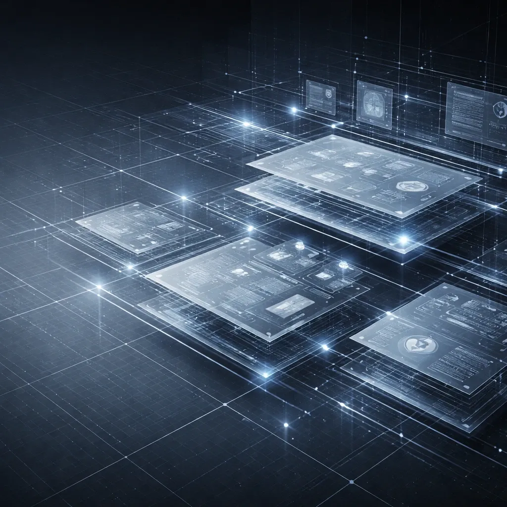 Illustration of digital documents being processed in layers